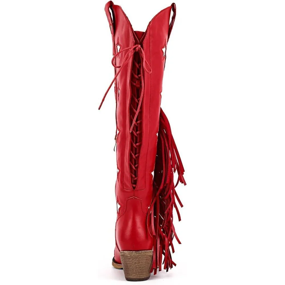 Women Red Star Synthetic Fringe Thigh High Tassel Wide Over Knee Pointed Boot